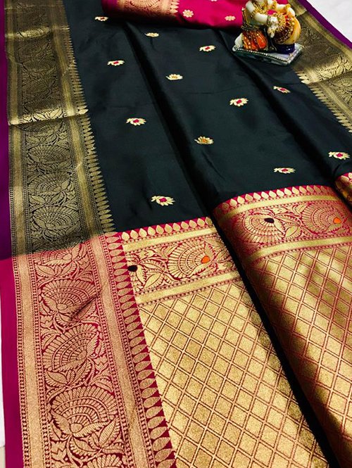 Black soft silk with attractive gold jari work saree dvz0001816