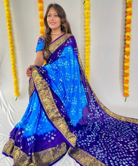 Blue Bandhani Saree With Unstitched Blouse Piece DVZ0003972