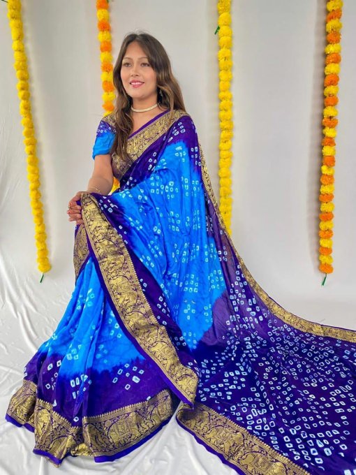 Blue Bandhani Saree With Unstitched Blouse Piece DVZ0003972