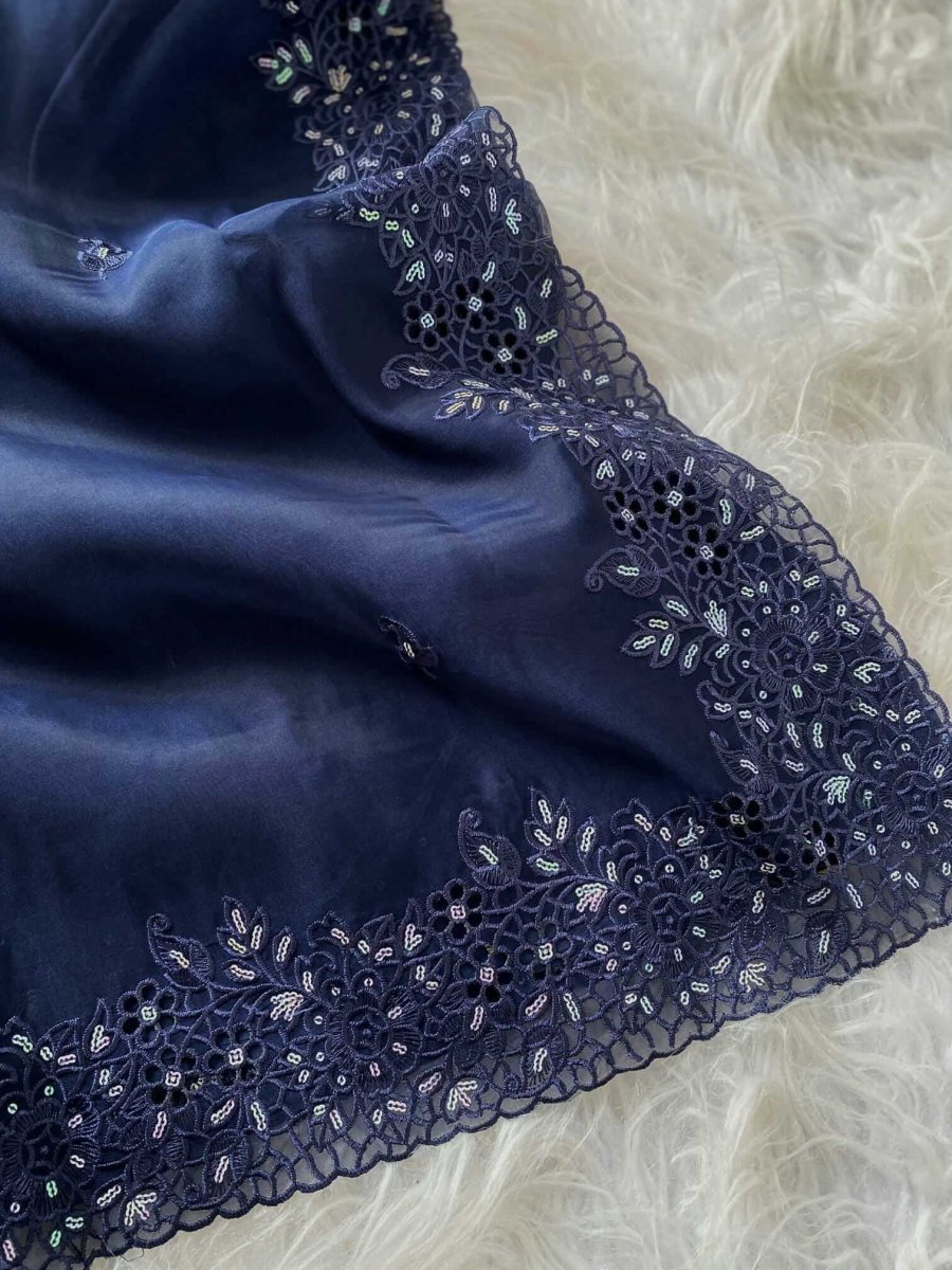 Blue Organza Zari Sequins Work Saree DV437