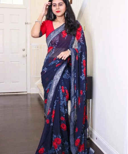 Blue georgette fabric with floral motifs, and a border that has a weaving pattern Saree - dvz0003599