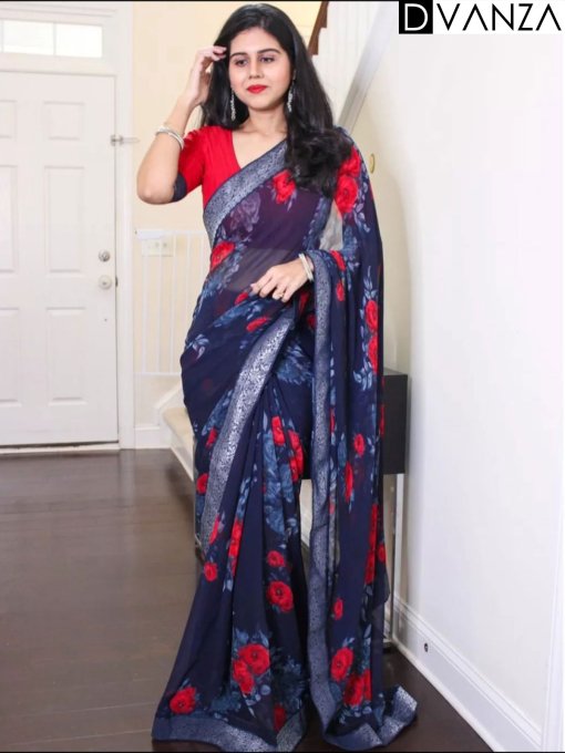 Blue georgette fabric with floral motifs, and a border that has a weaving pattern Saree - dvz0003599