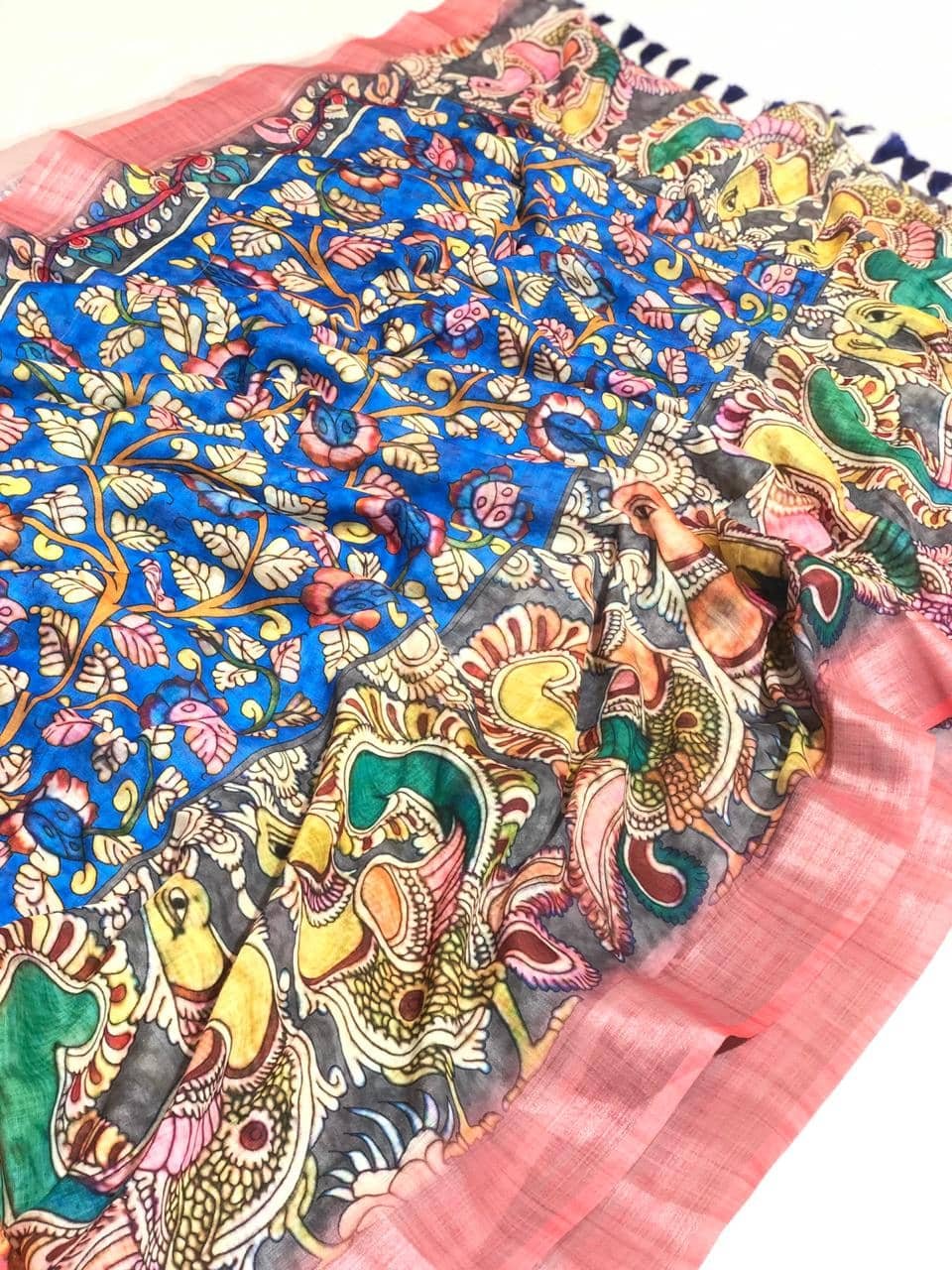 Blue printed linen sarees online dvz0001575