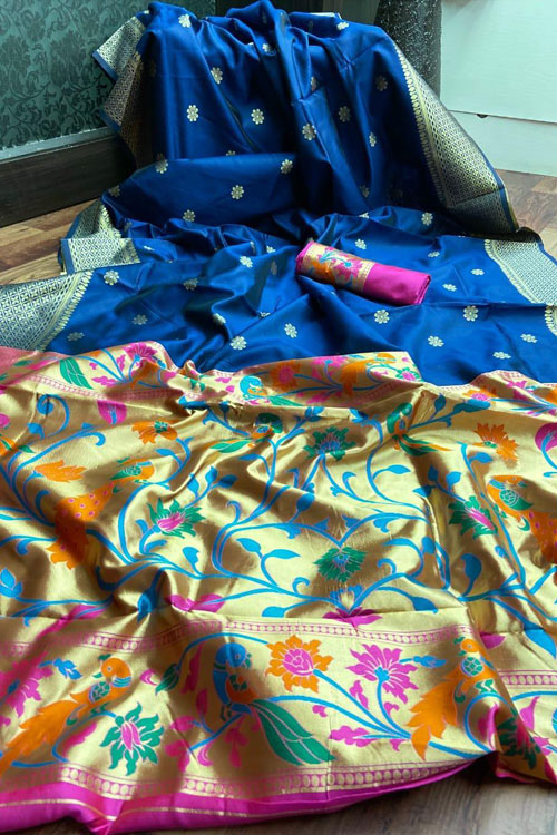 Blue soft Banarasi silk Paithani Style saree With Rich Pallu dvz000090
