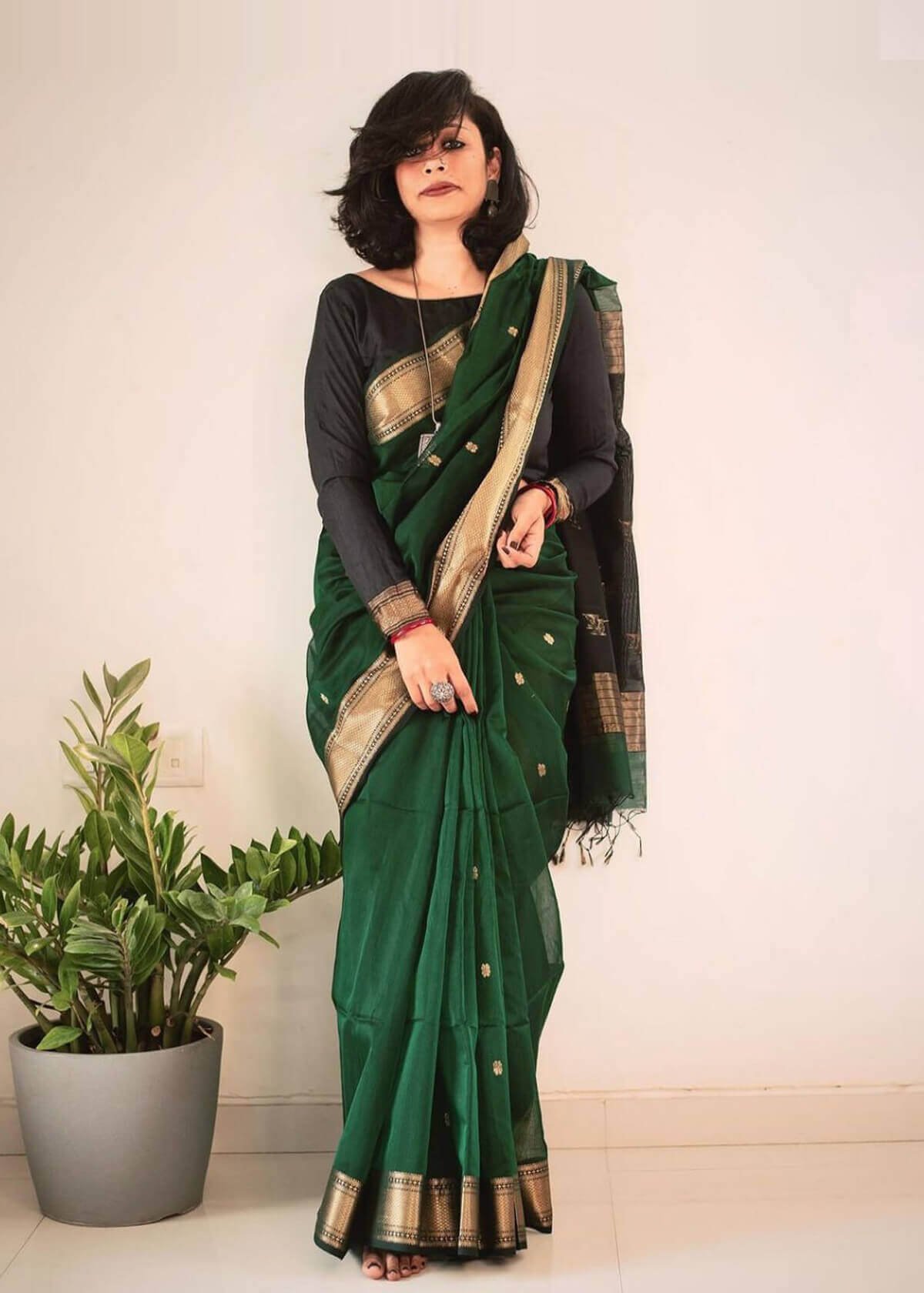 Bottle Green Silk woven Saree DV430
