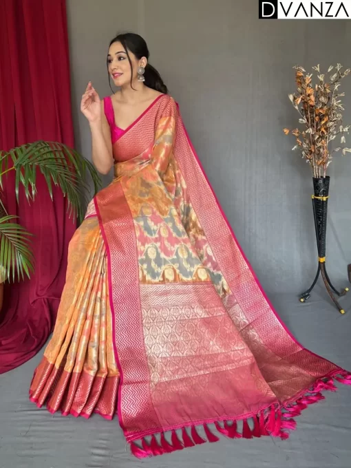 Chic Peach Tissue Silk Saree with Flower Motifs dvz0003635