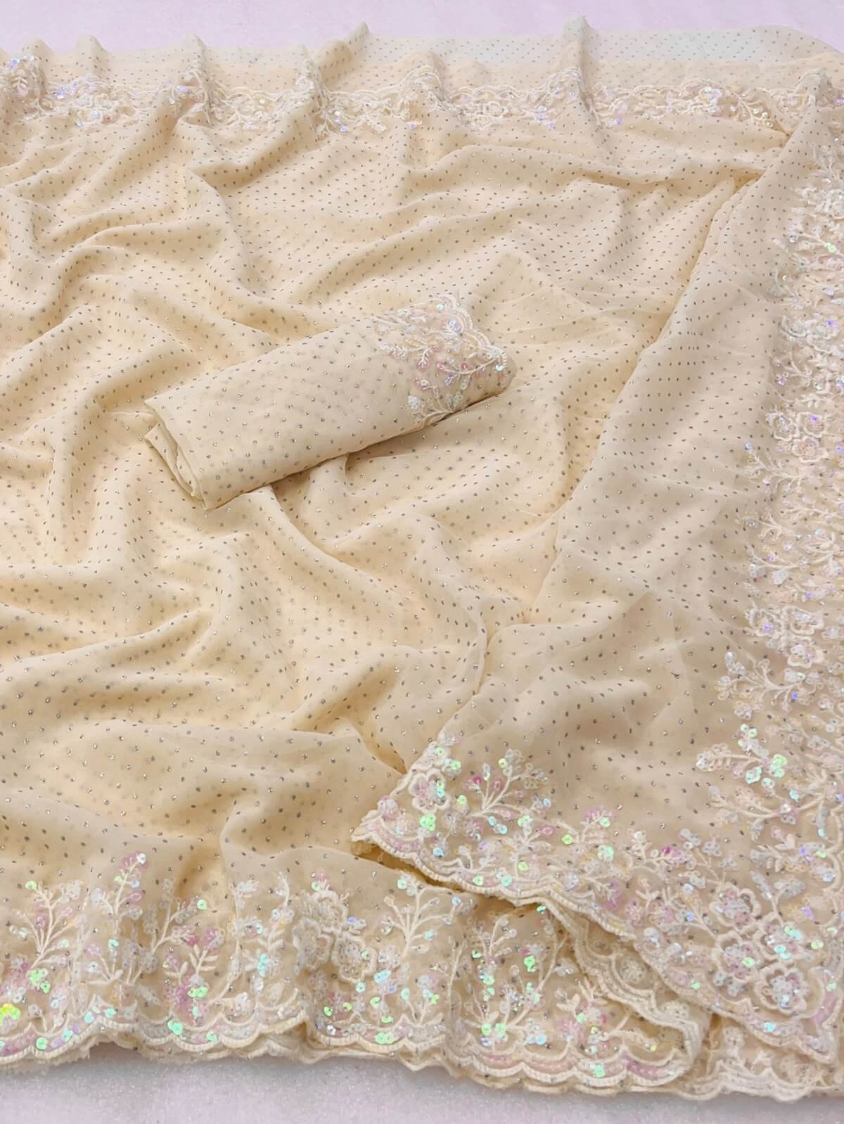 Cream Sequence work Georgette Party wear Saree DV416