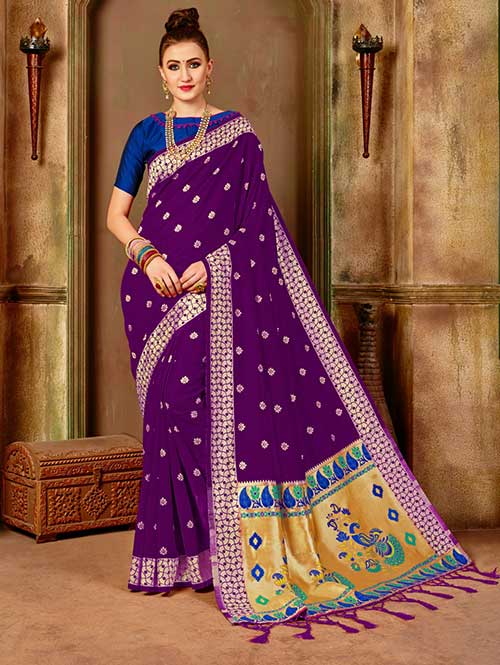 Dark Purple Banarasi silk woven saree with blouse piece - Banarasi silk saree