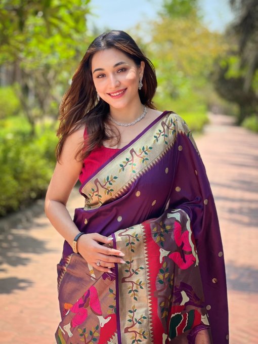 Deep Purple Paithani Silk Saree with Minakari Work and Shimmering Zari Border