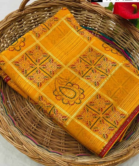 Diwali wear Mustard Bandhej Print Chiffon Saree dvz0003492-2