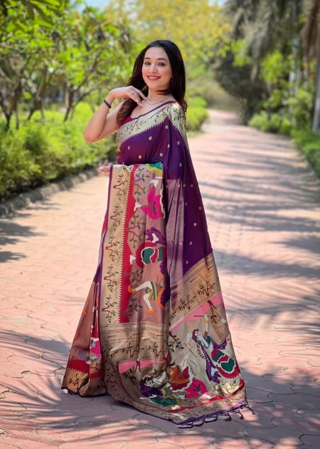 Elegant Purple Kanchivaram Paithani Silk Saree with Minakari Work and Zari Border