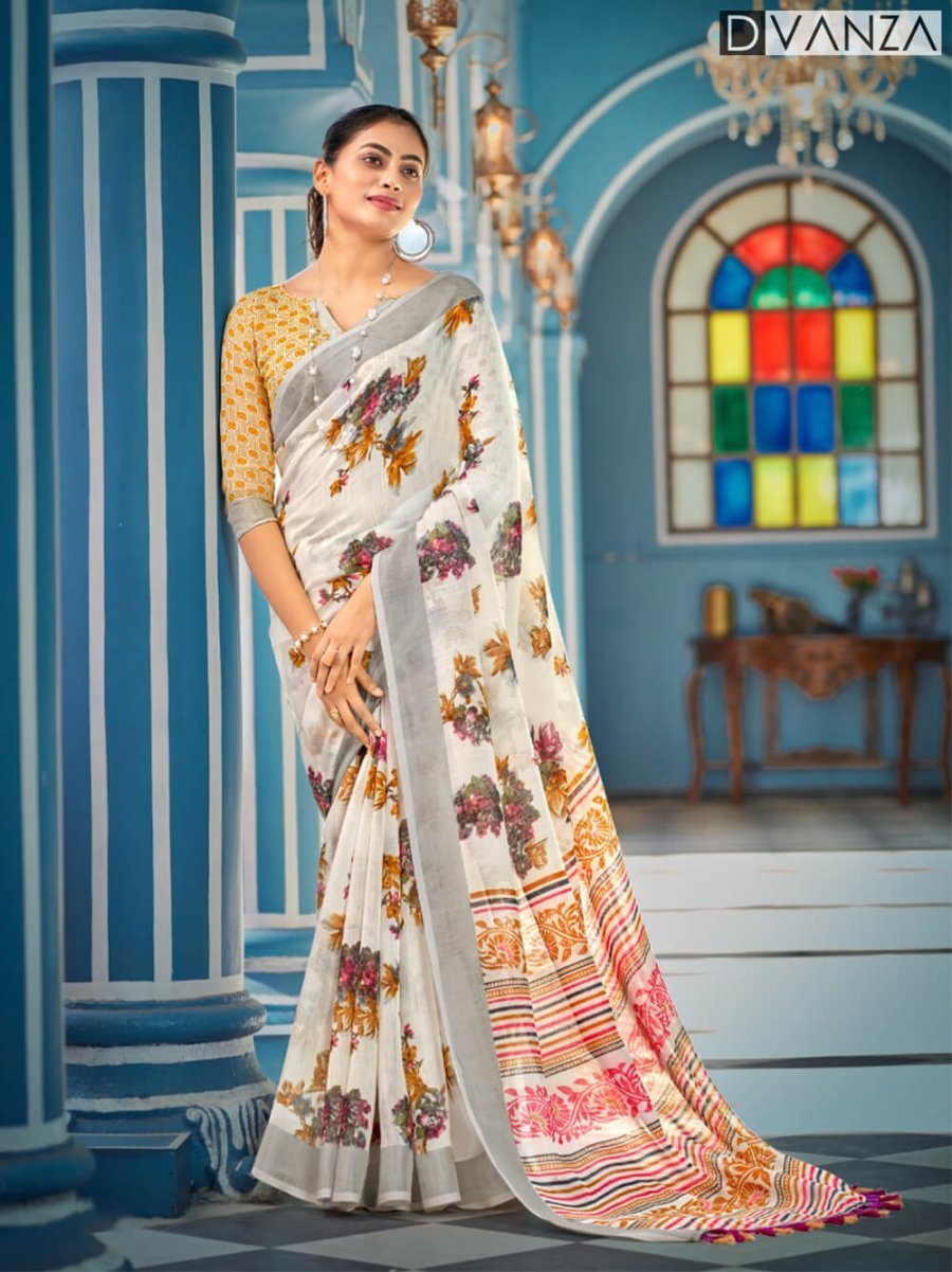 Linen silver Patta saree Flower Printed for women DVZ0003571 - Dvanza