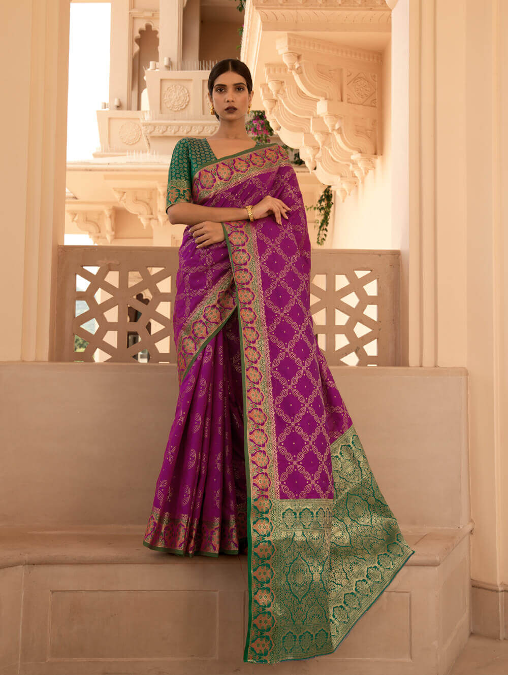 Buy Peacock Blue & Pink - Soft Silk Saree with Zari Woven buttas on the  body & Contrast Zari Border online | Soft Silk from ShrusEternity