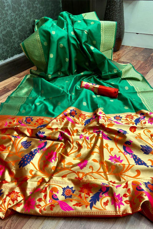 Green soft Banarasi silk Paithani Style saree With Rich Pallu dvz000091