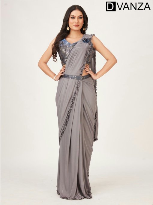 Grey Fancy Ready to Wear Saree with Belt and Flower Brooch DVZ0003533