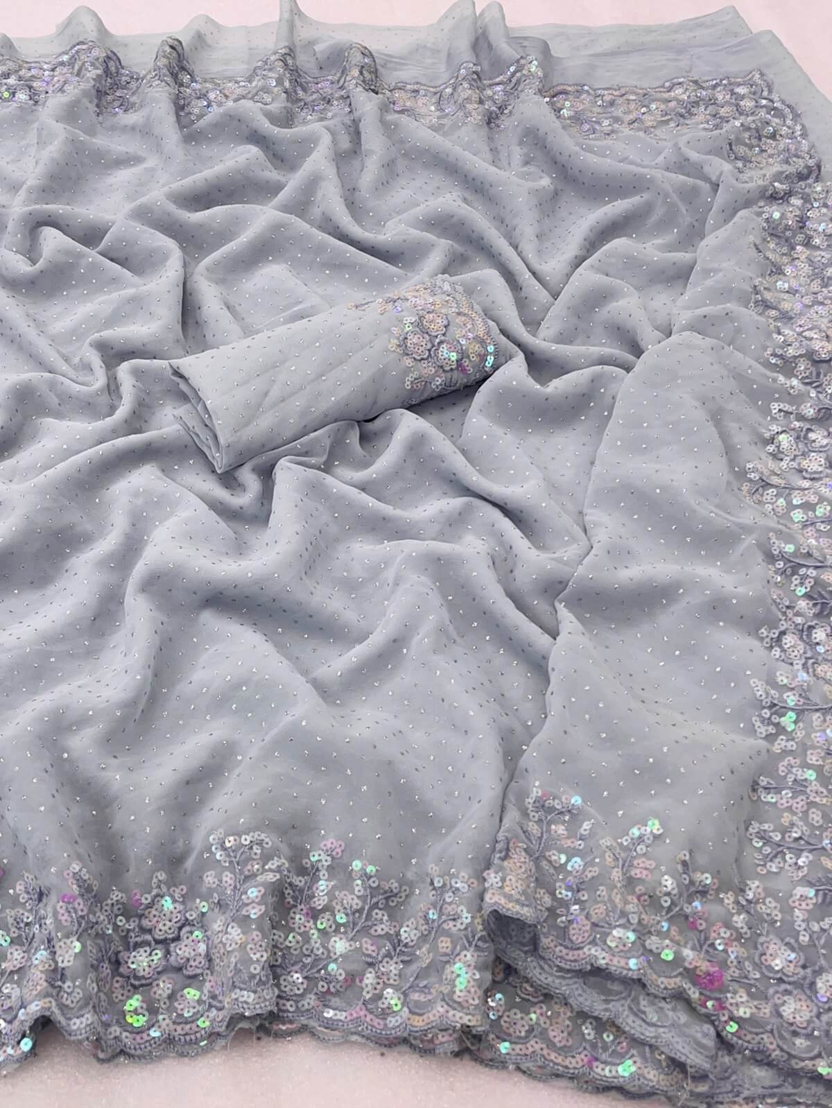 Grey Sequence work Georgette Party wear Saree DV416