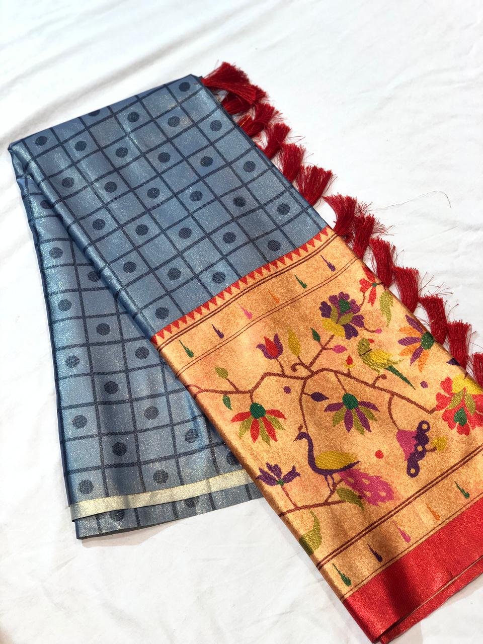 Grey satin gold zari Digital printed Saree dvz0001805