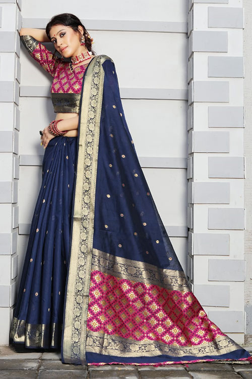 Handloom Cotton Weaving silk Blue saree dvz0001193