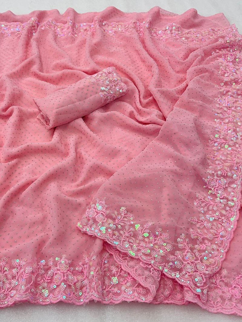 Hot Pink Sequence work Georgette Party wear Saree DV416