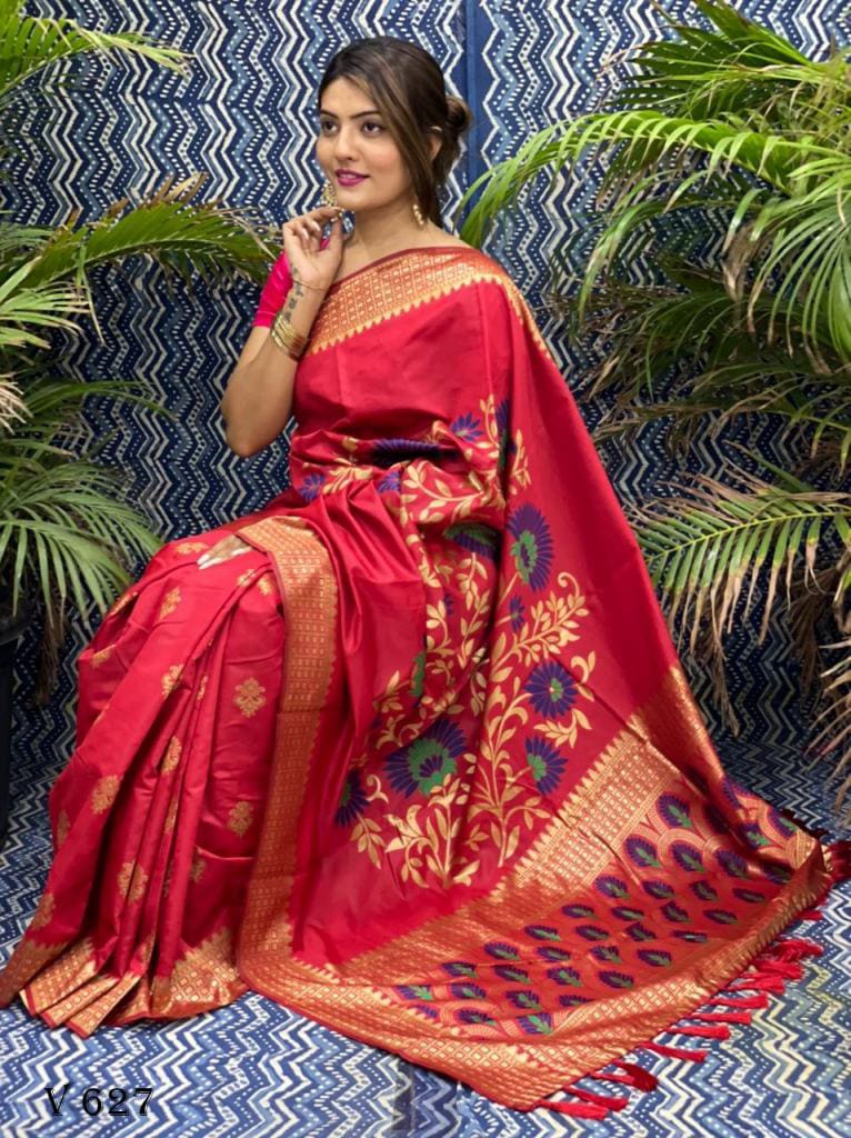 Red Pure Katan Silk Banarasi Handoom Saree( preorder) – Sifat Banaras