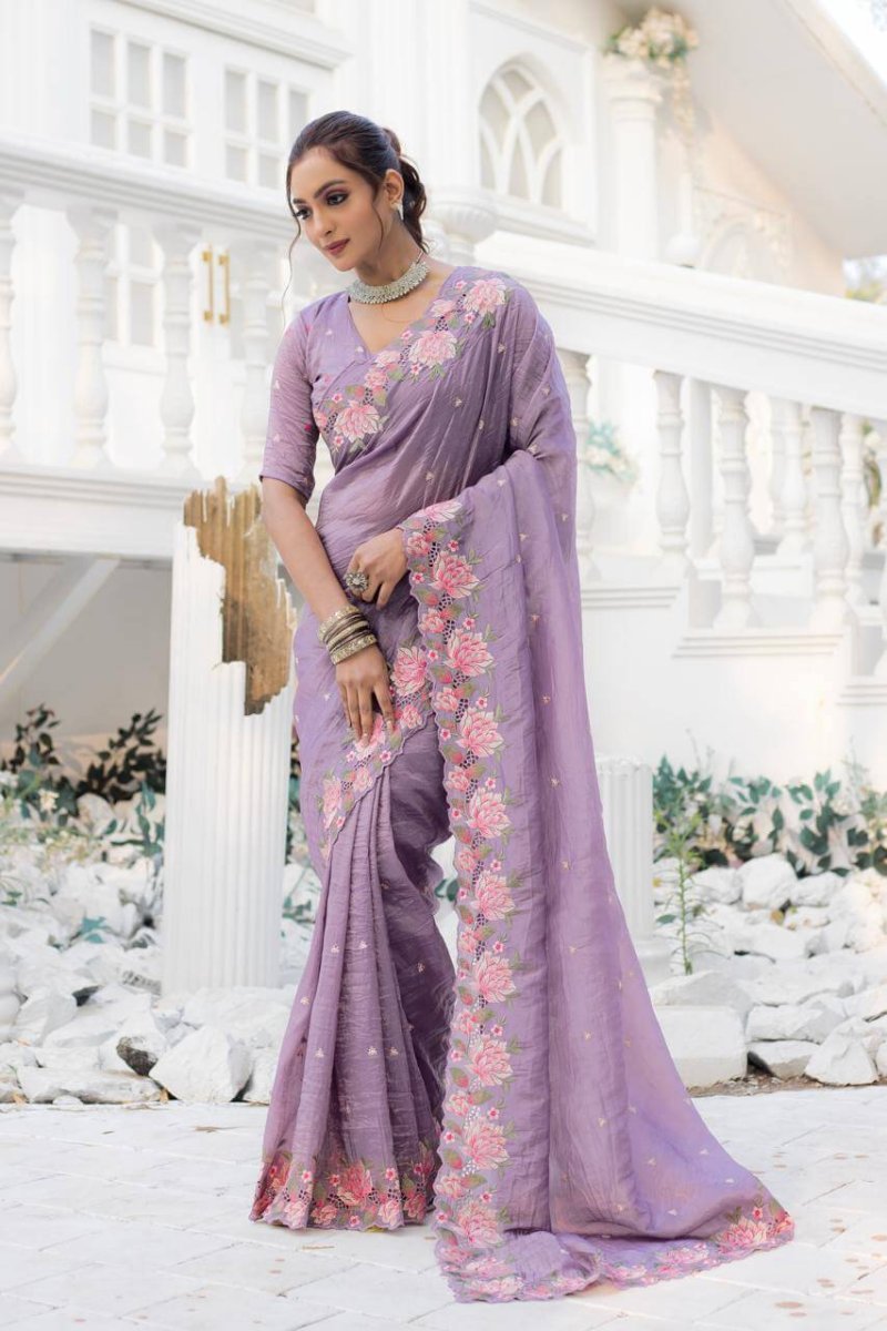 Lavender soft crush tissue silk saree DV441-2