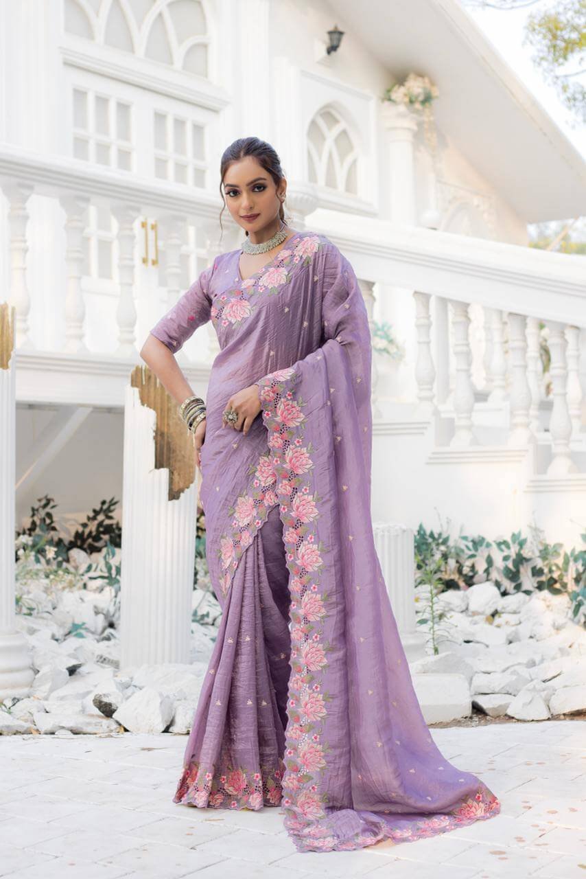 Lavender soft crush tissue silk saree DV441