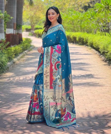 Light Blue Kanchivaram Paithani Silk Saree with Intricate Zari and Minakari Work