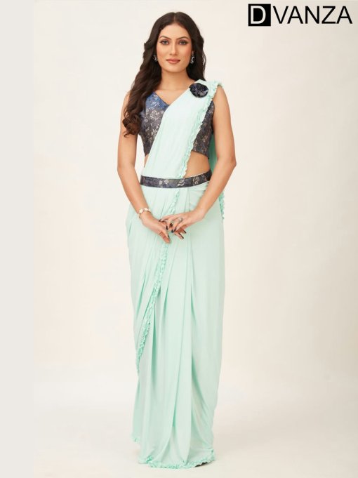 Light Green Fancy Ready to Wear Saree with Belt and Flower Brooch DVZ0003533