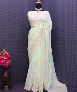 Light Green Georgette Embroidered Sequence work Saree DV417-3