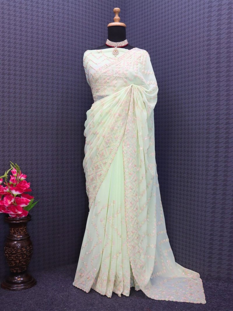 Light Green Georgette Embroidered Sequence work Saree DV417-3