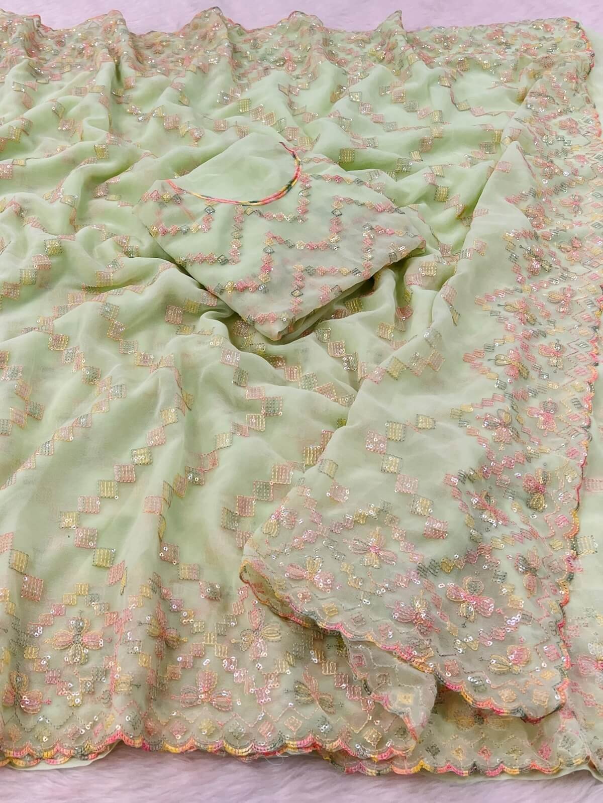 Light Green Georgette Embroidered Sequence work Saree DV417