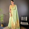 Light Green Trendy Zari Woven Cotton Saree DV412