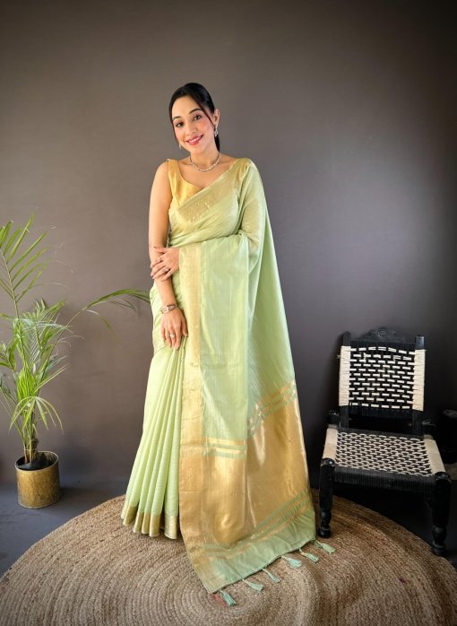 Light Green Trendy Zari Woven Cotton Saree DV412