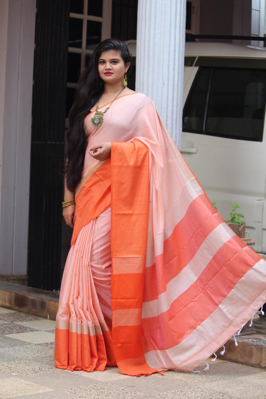 Linen saree with Blouse - linen silk sarees online (Orange) - dvz000020