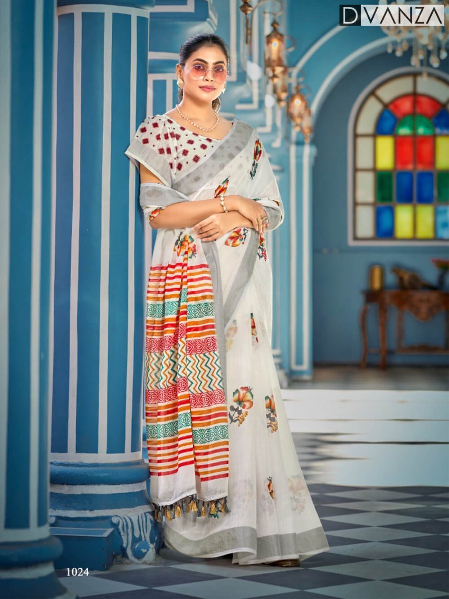 Linen silver Patta saree Flower Printed for women DVZ0003574 - Dvanza