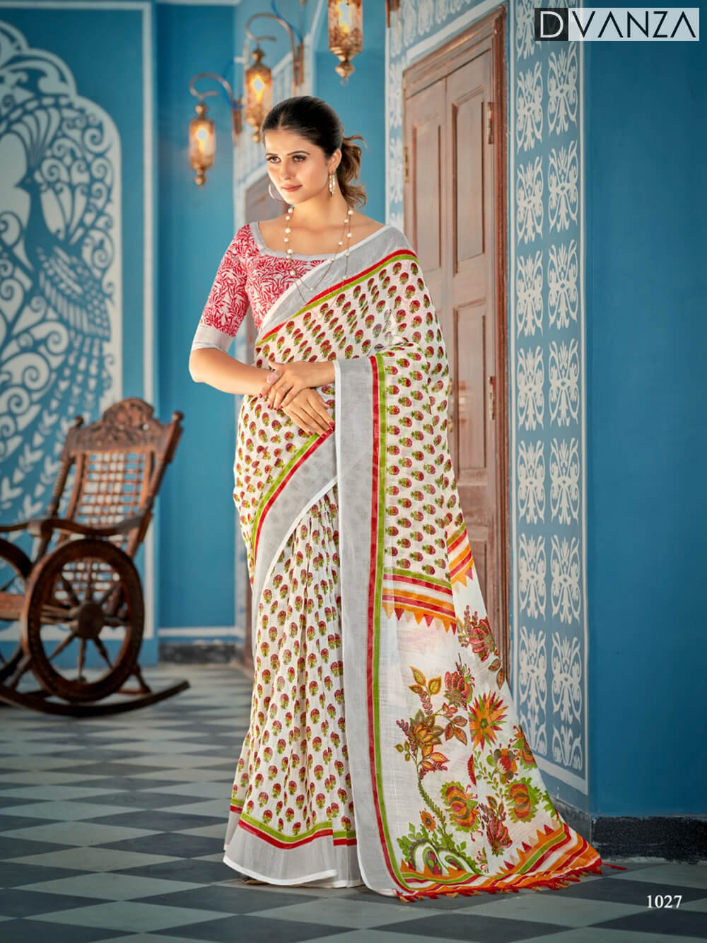 Linen silver Patta saree Flower Printed for women DVZ0003576