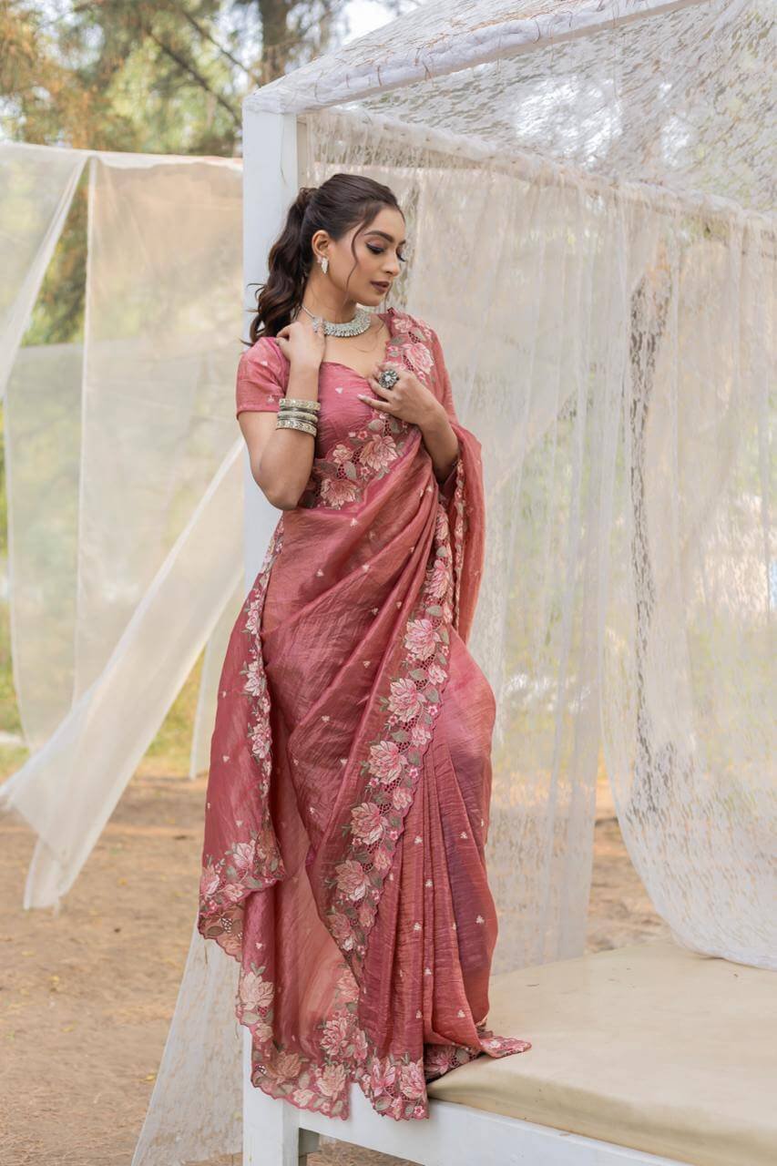 Luxurious Hot Pink soft crush tissue silk saree DV441-6