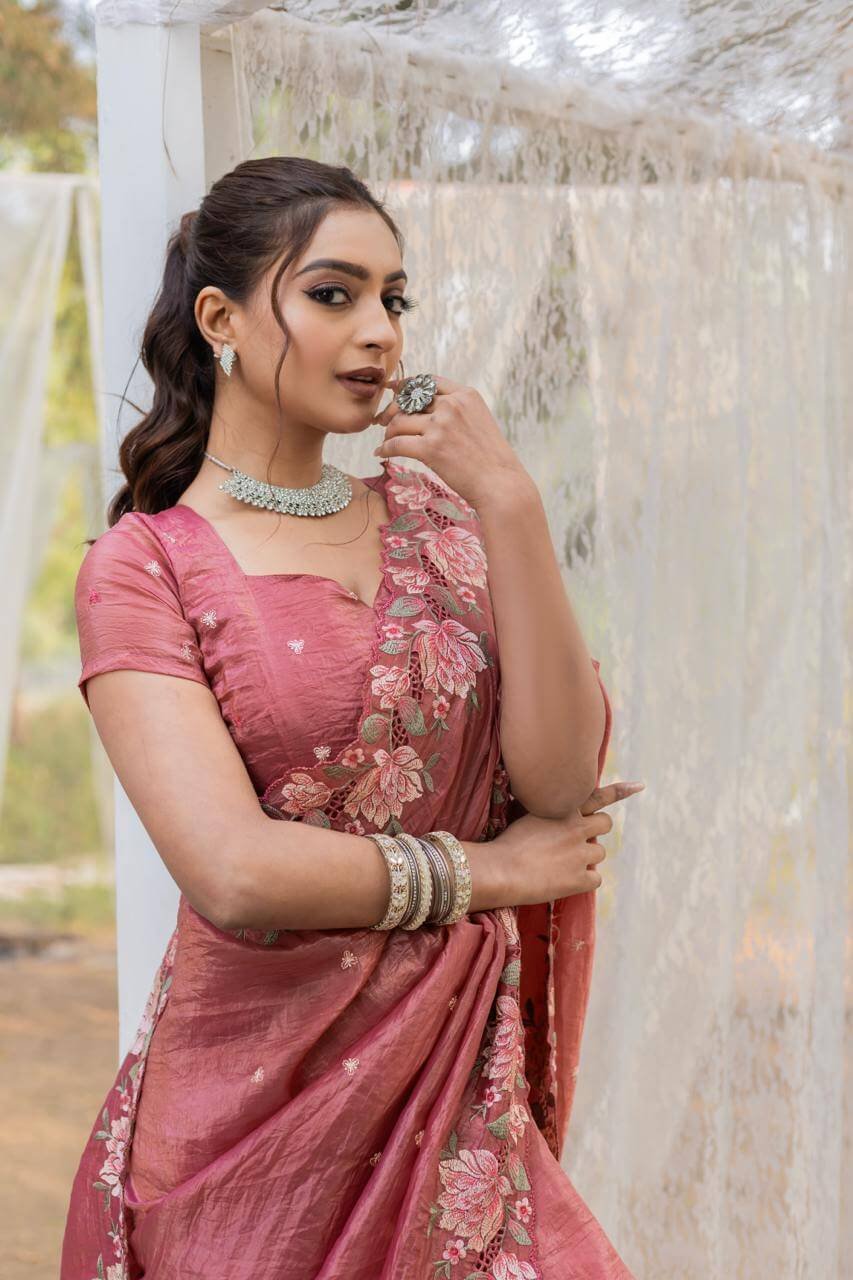 Luxurious Hot Pink soft crush tissue silk saree DV441-7