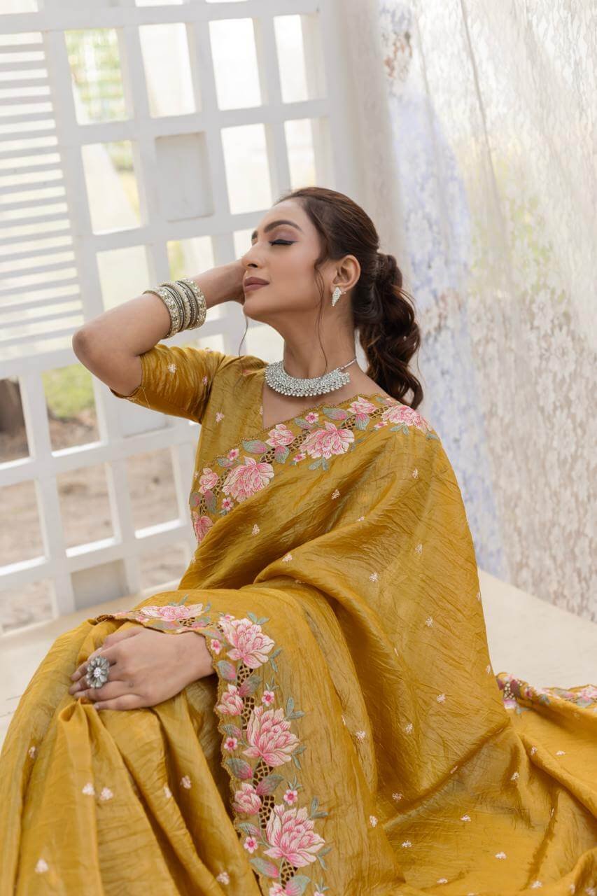 Luxurious Mustard soft crush tissue silk saree DV441-5