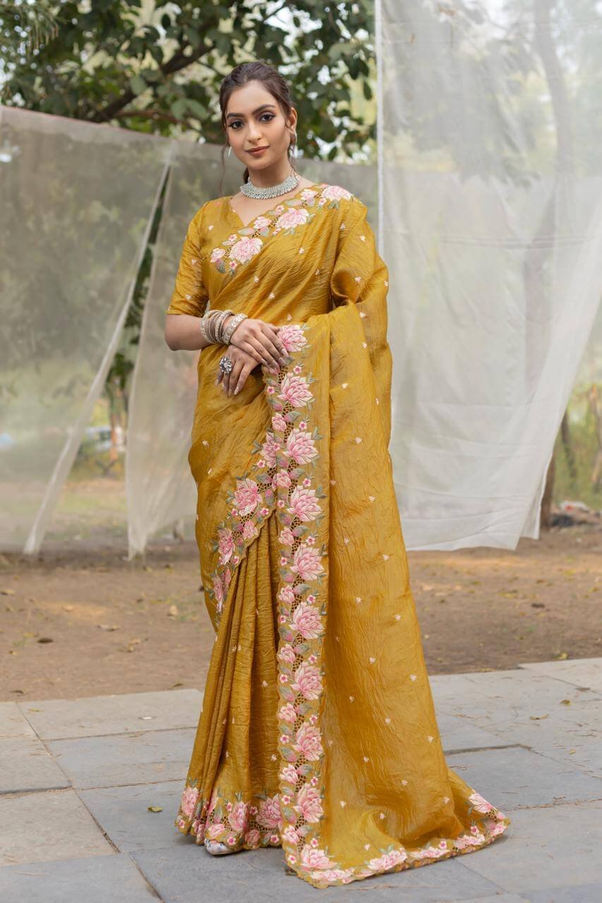 Luxurious Mustard soft crush tissue silk saree DV441
