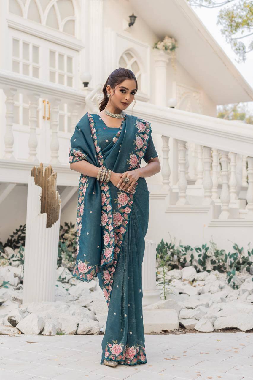 Luxurious Sea Blue soft crush tissue silk saree DV441-4