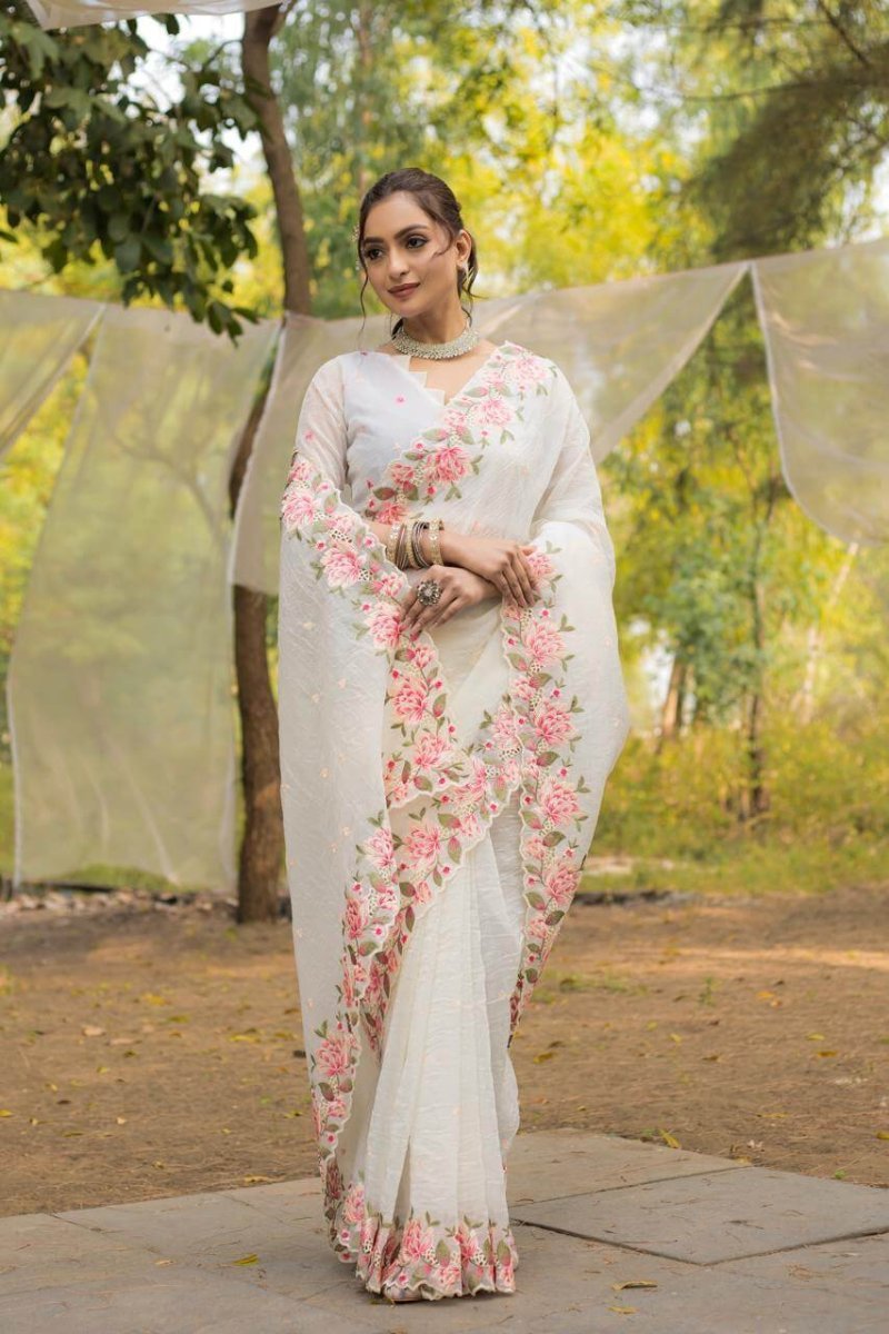 Luxurious White soft crush tissue silk saree DV441-4