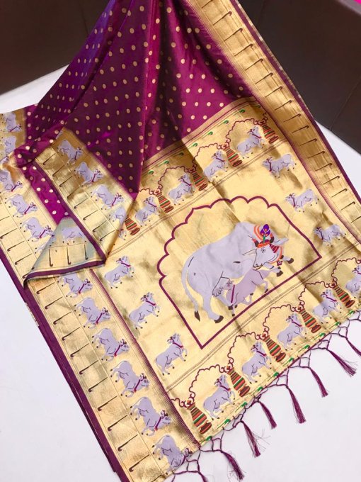 Kanchipuram Silk Saree with Cow Pattern Woven Border