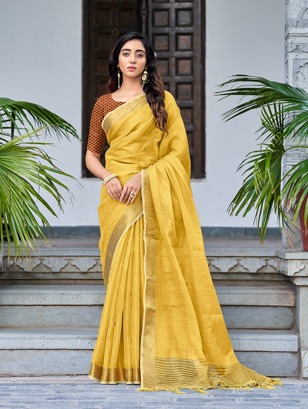 Magnificent Tissue Linen Women's Sarees - Yellow dvz0002732