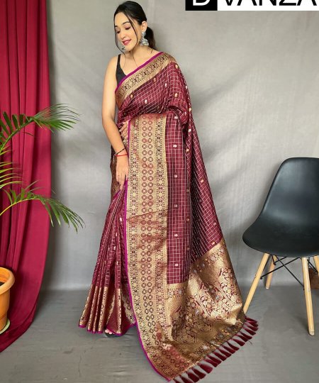 Maroon color traditional Soft silk woven checks saree dvz0003435