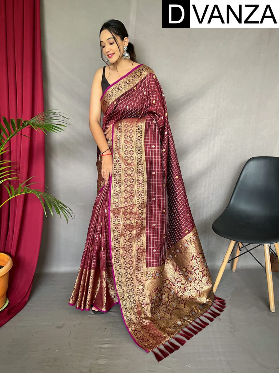 Maroon color traditional Soft silk woven checks saree dvz0003435