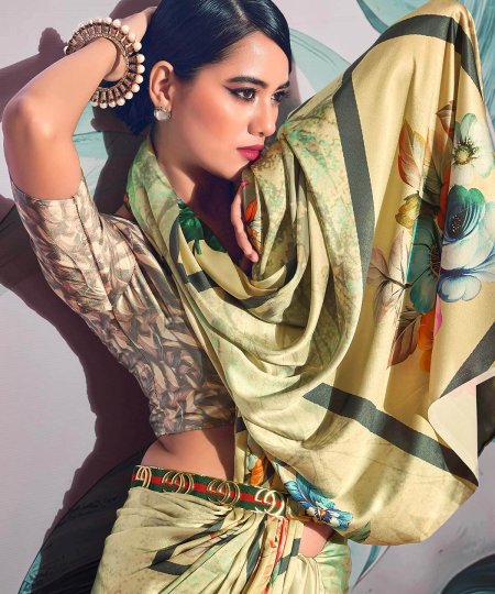 Modern Crape saree with Digital Print - Party wear - Beige - dvz0003827-2