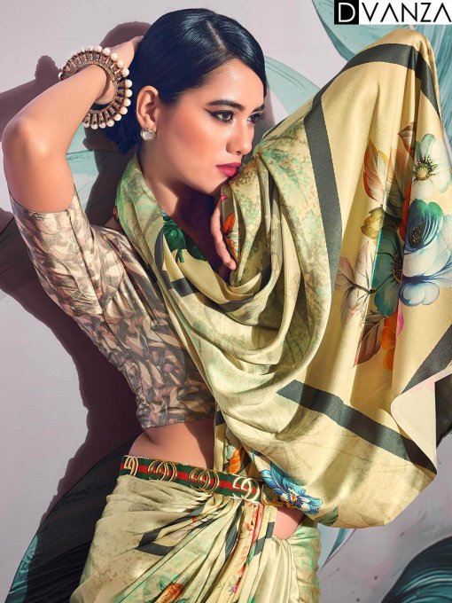 Modern Crape saree with Digital Print - Party wear - Beige - dvz0003827-2