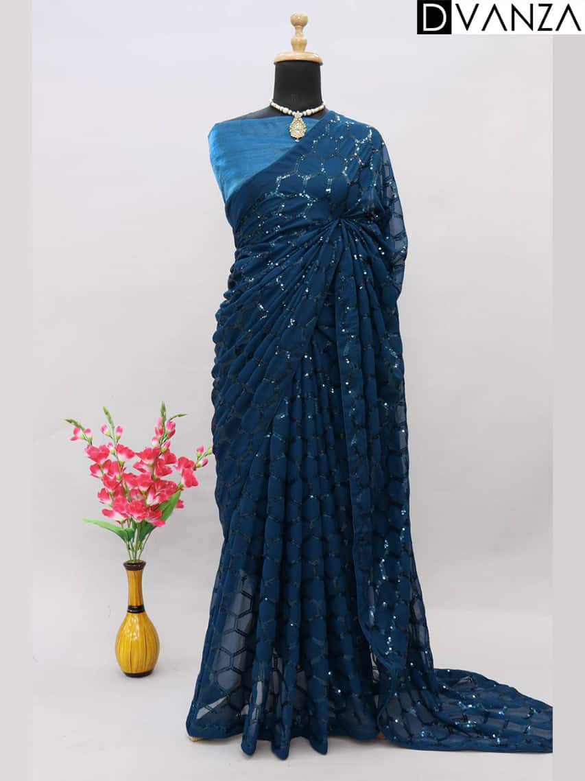 Most beautiful blue Stunning Sequence Work Designer saree