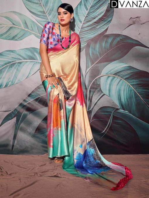 Multi color unique Printed Crepe Saree online shopping dvz0003830